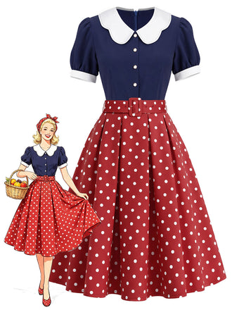 [Prévente] Robe à Pois à Col Pétale Bleu Marine Années 1950