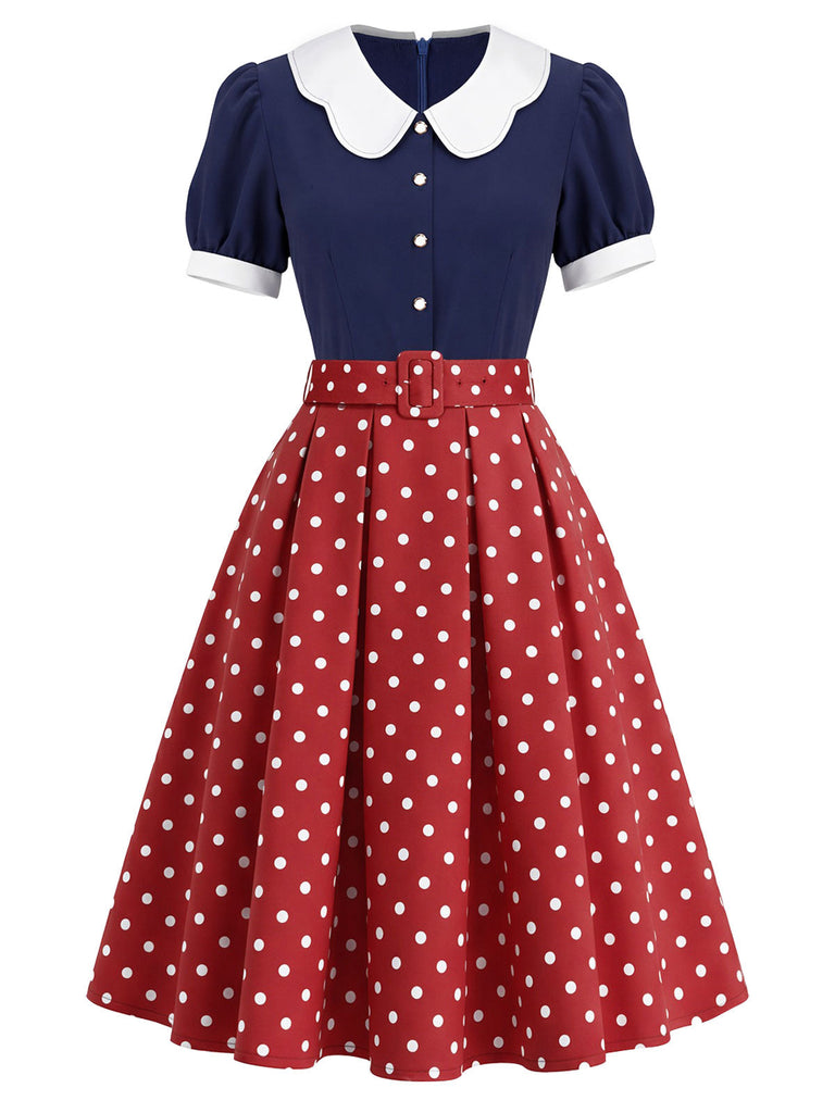 [Prévente] Robe à Pois à Col Pétale Bleu Marine Années 1950