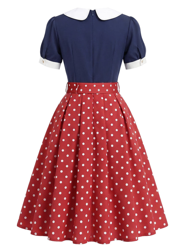 [Prévente] Robe à Pois à Col Pétale Bleu Marine Années 1950