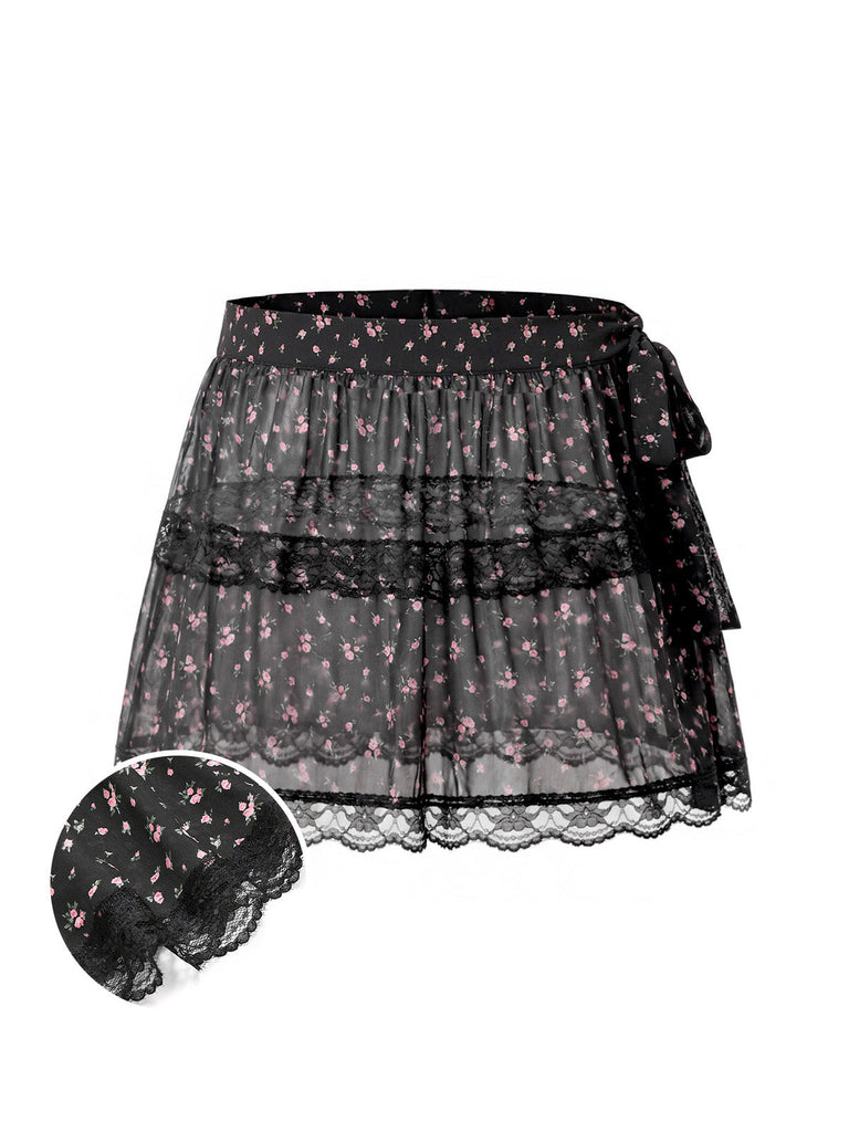 [Prévente] Floral à Volants Étagés Transparent Tulle Dentelle Noir Années 1950