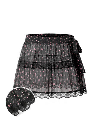 [Prévente] Floral à Volants Étagés Transparent Tulle Dentelle Noir Années 1950