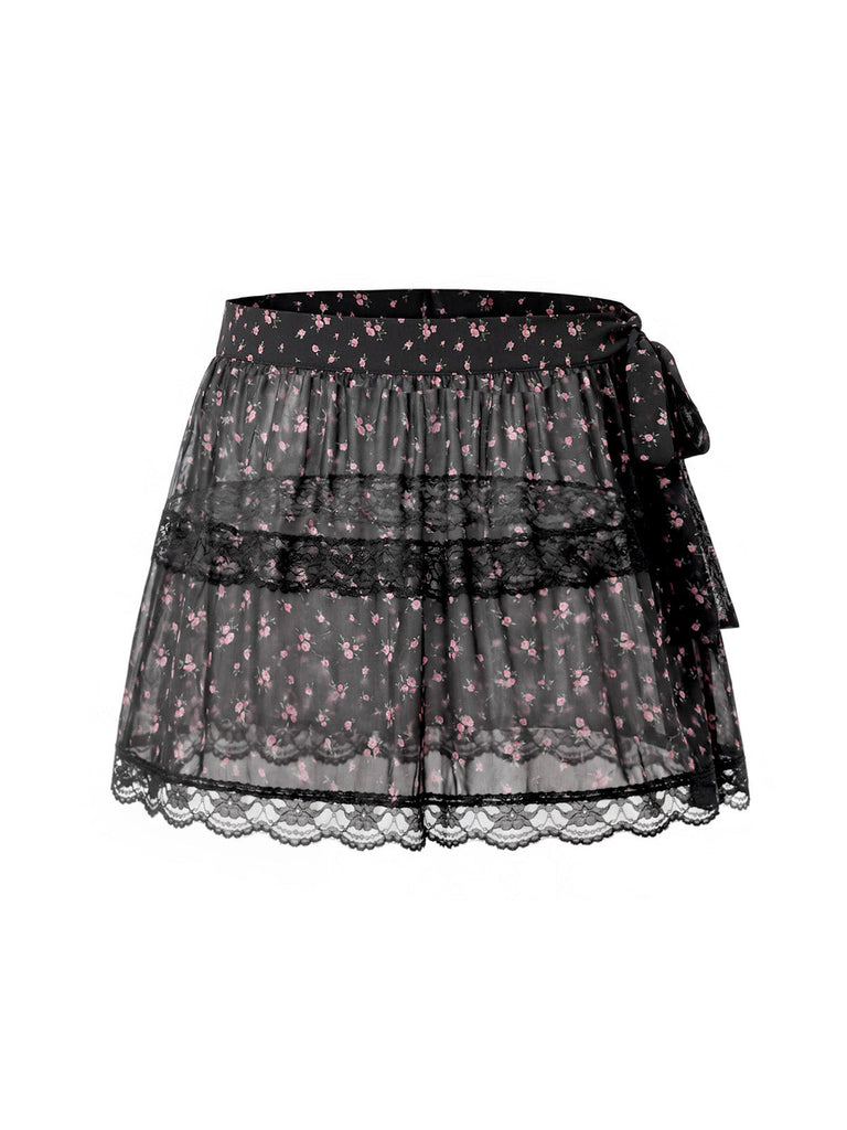 [Prévente] Floral à Volants Étagés Transparent Tulle Dentelle Noir Années 1950 2