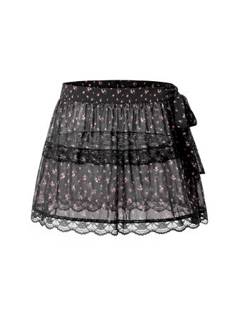 [Prévente] Floral à Volants Étagés Transparent Tulle Dentelle Noir Années 1950 2
