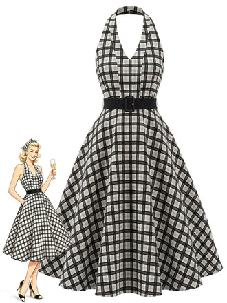 [Prévente] Robe Noir à Carreaux Dos Nu Ceinturé Évasé avec Poches Années 1950