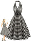 [Prévente] Robe évasée noire carreaux encolure dos nu ceinture et poches années 50