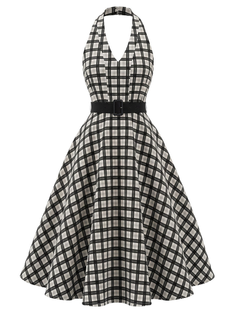 [Prévente] Robe Noir à Carreaux Dos Nu Ceinturé Évasé avec Poches Années 1950 2
