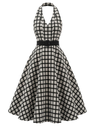[Prévente] Robe Noir à Carreaux Dos Nu Ceinturé Évasé avec Poches Années 1950 2