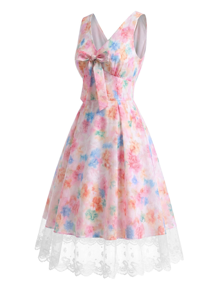 [Prévente] Robe Florale Aquarelle Dentelle Nœud Multicolore Années 1950 4