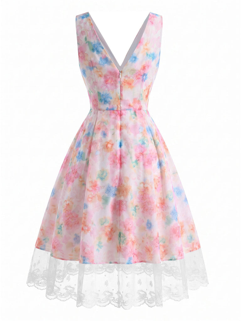 [Prévente] Robe Florale Aquarelle Dentelle Nœud Multicolore Années 1950 5