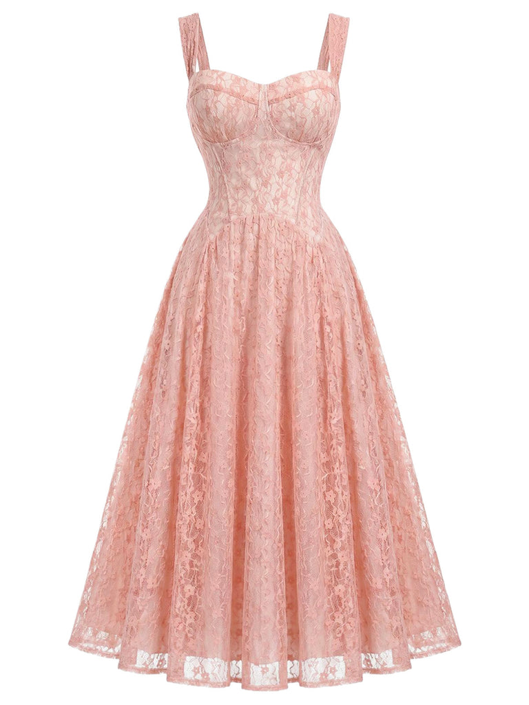 [Prévente] Robe Bretelles Spaghetti Col Cœur Dentelle Col Corset Rose Années 1940 2