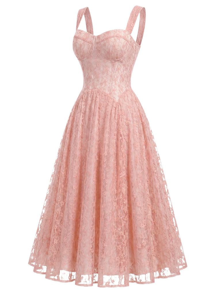 [Prévente] Robe Bretelles Spaghetti Col Cœur Dentelle Col Corset Rose Années 1940 3