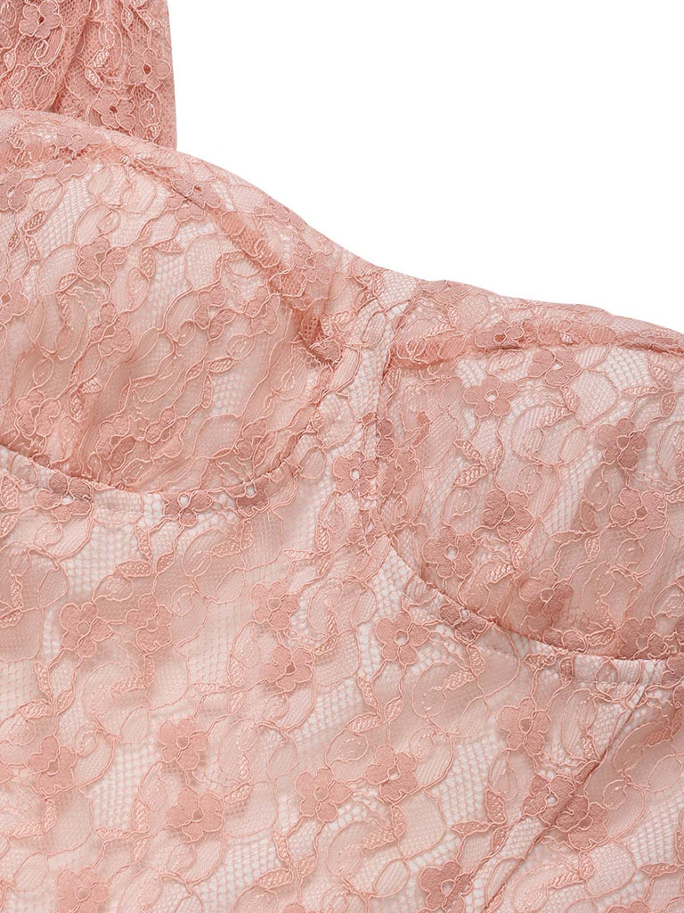 [Prévente] Robe Bretelles Spaghetti Col Cœur Dentelle Col Corset Rose Années 1940 5
