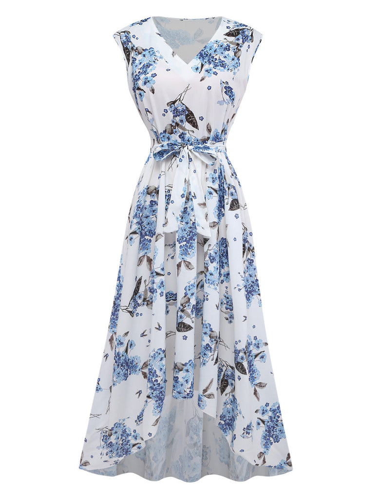 Robe Blanc Floral Col V Sans Manches Ceinturé Asymétrique Années 1950