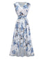 Robe blanche sans manches motif floral col V et coupe asymétrique années 50
