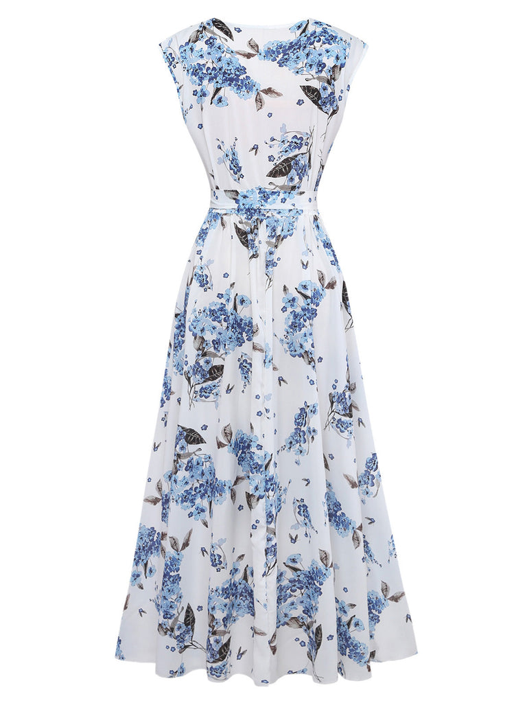 Robe Blanc Floral Col V Sans Manches Ceinturé Asymétrique Années 1950 2