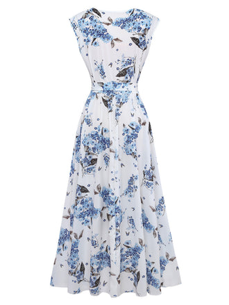 Robe Blanc Floral Col V Sans Manches Ceinturé Asymétrique Années 1950 2