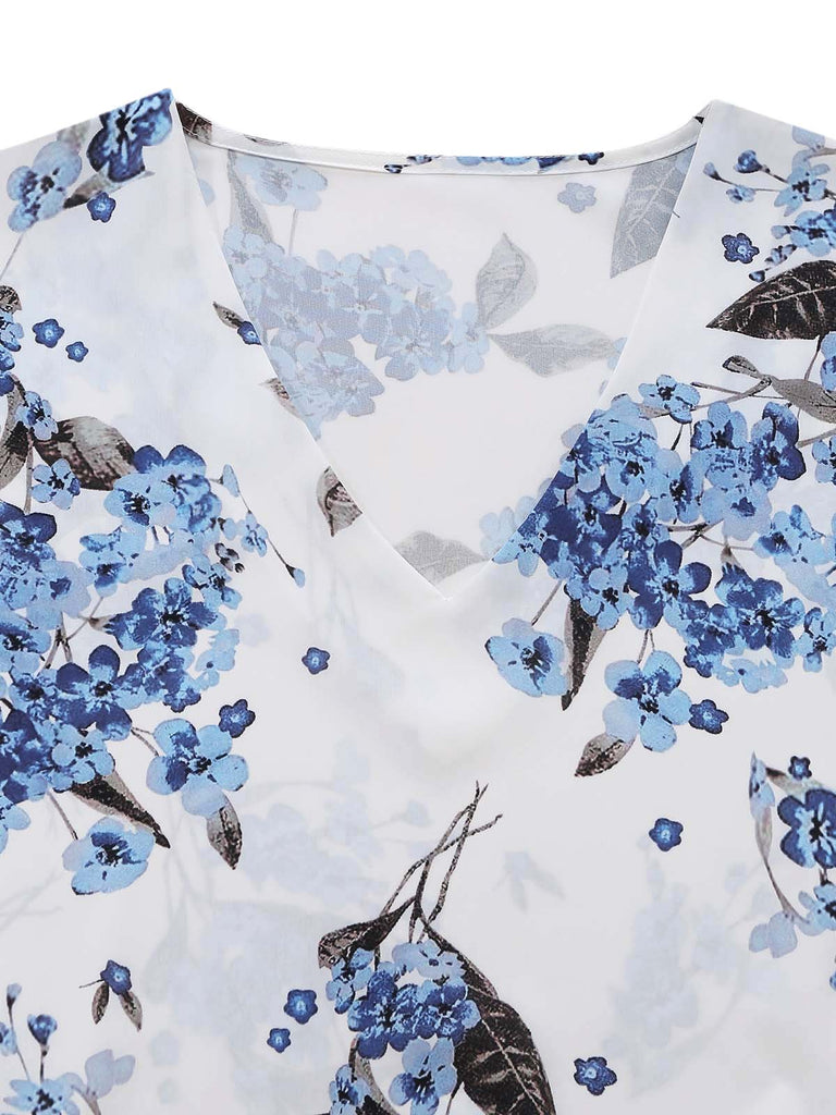 Robe Blanc Floral Col V Sans Manches Ceinturé Asymétrique Années 1950 3
