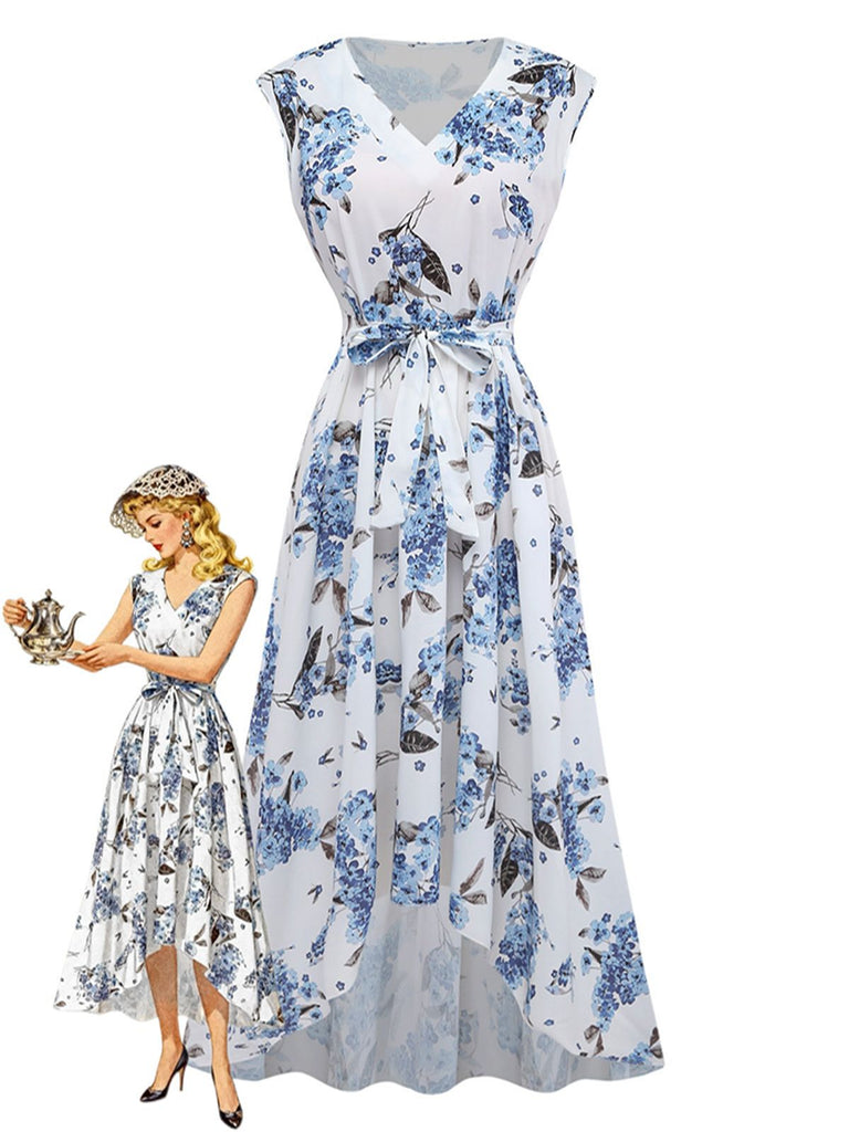 Robe blanche sans manches motif floral col V et coupe asymétrique années 50