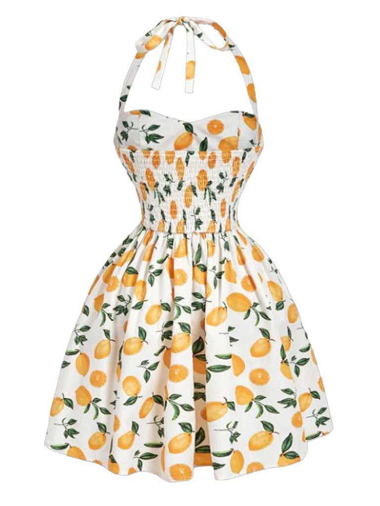 Robe Floral Halter Évasé Nœud Col Mini Blanc Années 1950 10