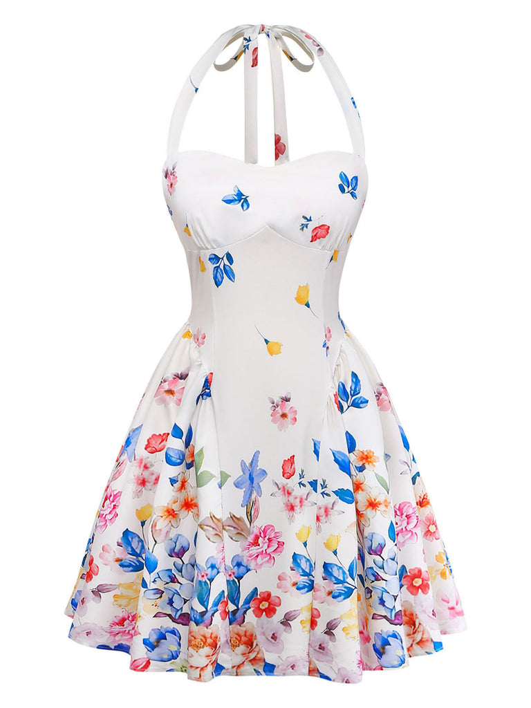 Robe Floral Halter Évasé Nœud Col Mini Blanc Années 1950