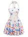 Robe Floral Halter Évasé Nœud Col Mini Blanc Années 1950