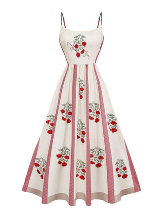 Robe Évasée Rose Bretelles Fines Beige Années 1950