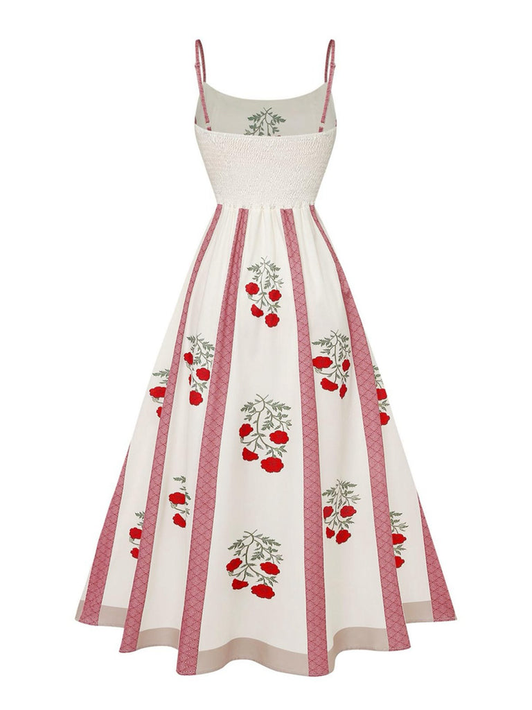 Robe Évasée Rose Bretelles Fines Beige Années 1950