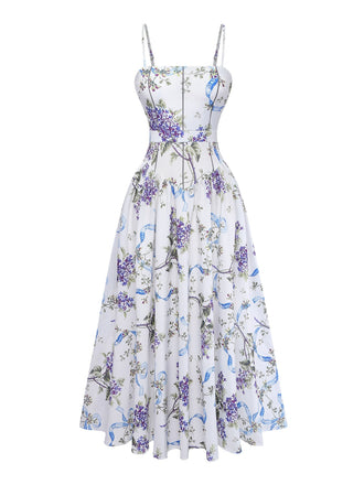 Robe Blanc Floral Imprimé Bretelles Fines Mousseline Années 1950
