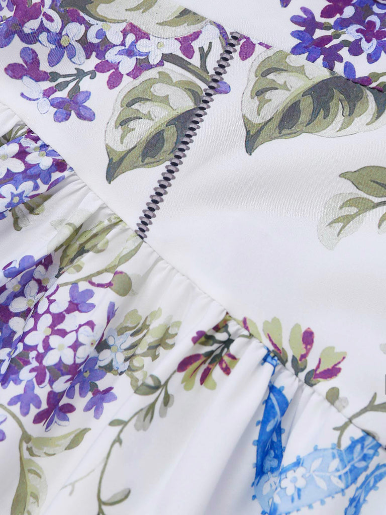 Robe Blanc Floral Imprimé Bretelles Fines Mousseline Années 1950 4