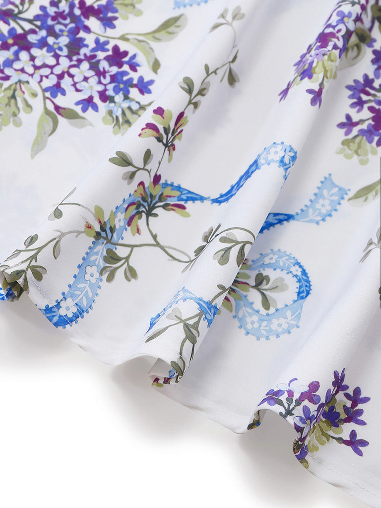 Robe Blanc Floral Imprimé Bretelles Fines Mousseline Années 1950 6