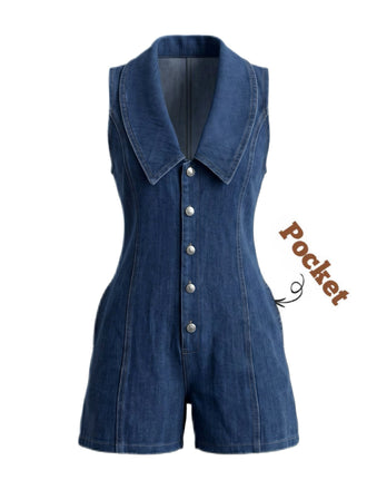 Combishort Bleu Marine Boutonné Denim Années 1970