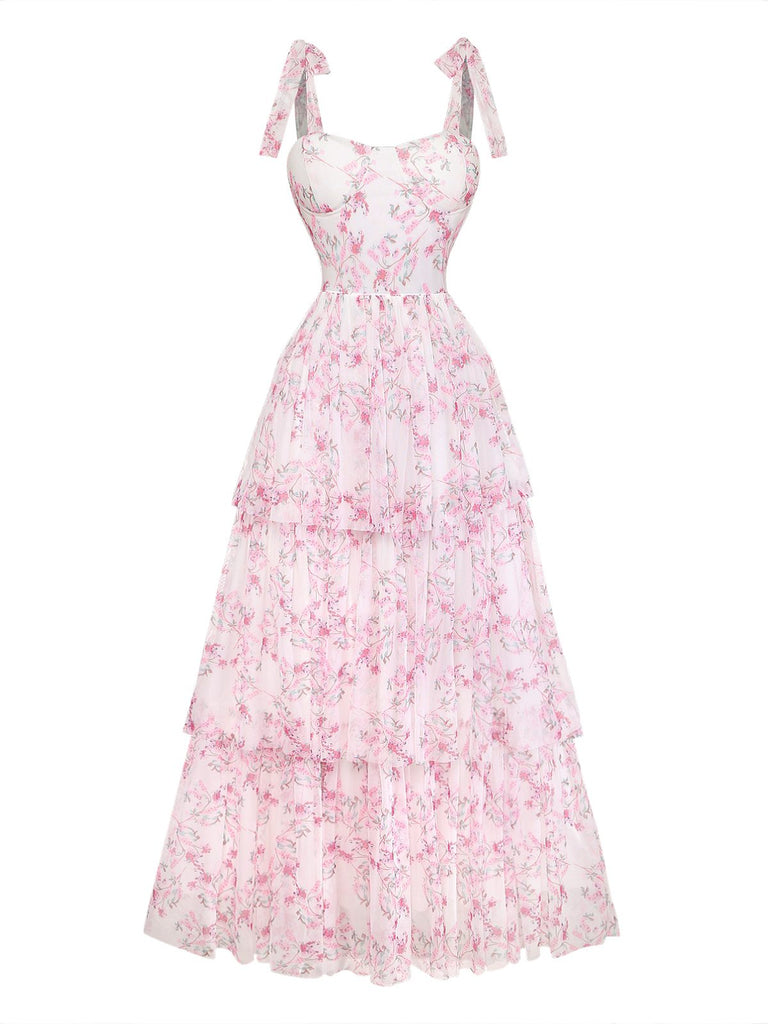 Robe longue rose fleurs dos nu étages et bretelles nouables années 1970