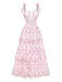 Robe longue rose fleurs dos nu étages et bretelles nouables années 1970