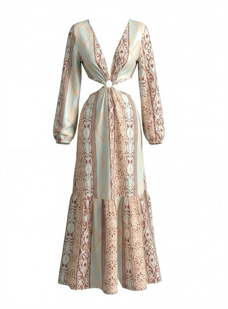 Robe Col V Bohème Géométrique Imprimé Découpé Maxi Années 1970