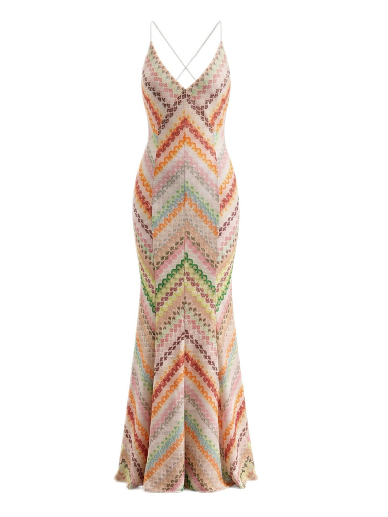 Robe Multicolore Chevron Imprimé Dos Nu Maxi Années 1970