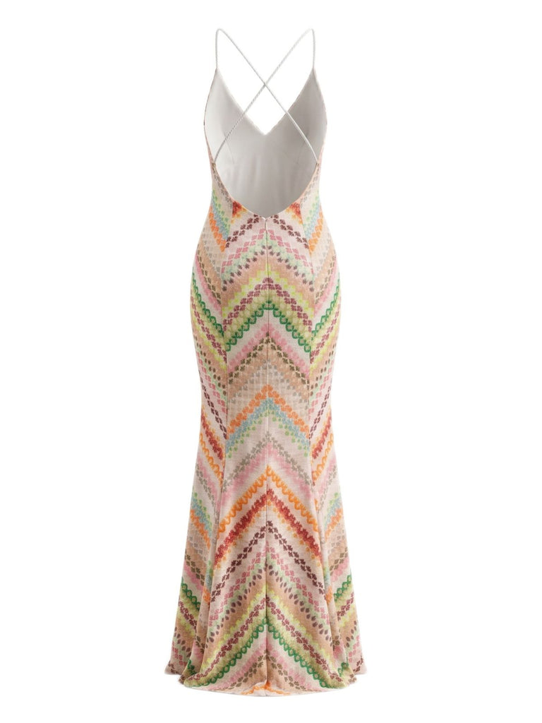 Robe Multicolore Chevron Imprimé Dos Nu Maxi Années 1970 2