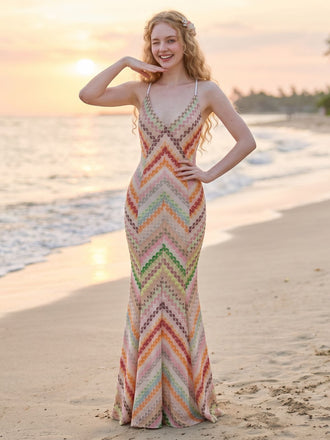 Robe Multicolore Chevron Imprimé Dos Nu Maxi Années 1970 3