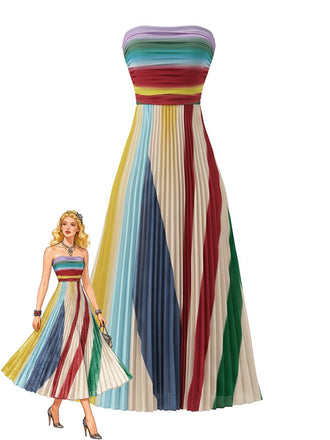 Robe longue bustier plissée arc-en-ciel années 1970