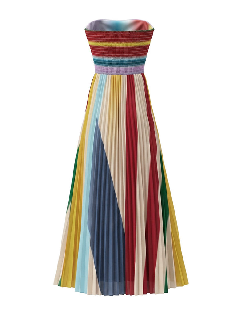 Robe longue bustier plissée arc-en-ciel années 1970