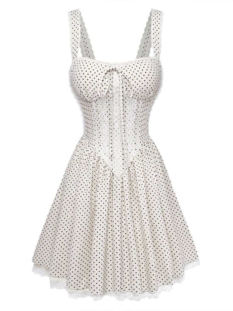 Robe Bretelles Spaghetti à Pois Ballerine Beige Années 1970