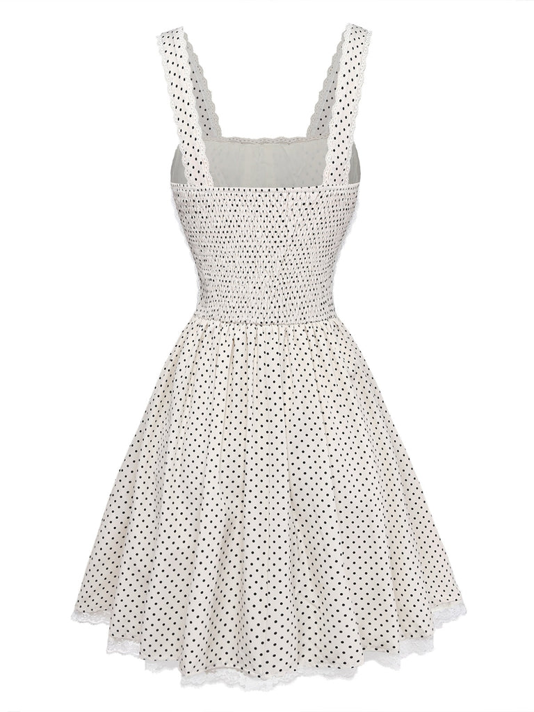 Robe Bretelles Spaghetti à Pois Ballerine Beige Années 1970 2