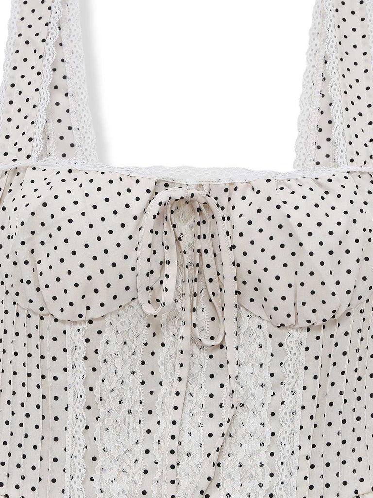 Robe Bretelles Spaghetti à Pois Ballerine Beige Années 1970 3