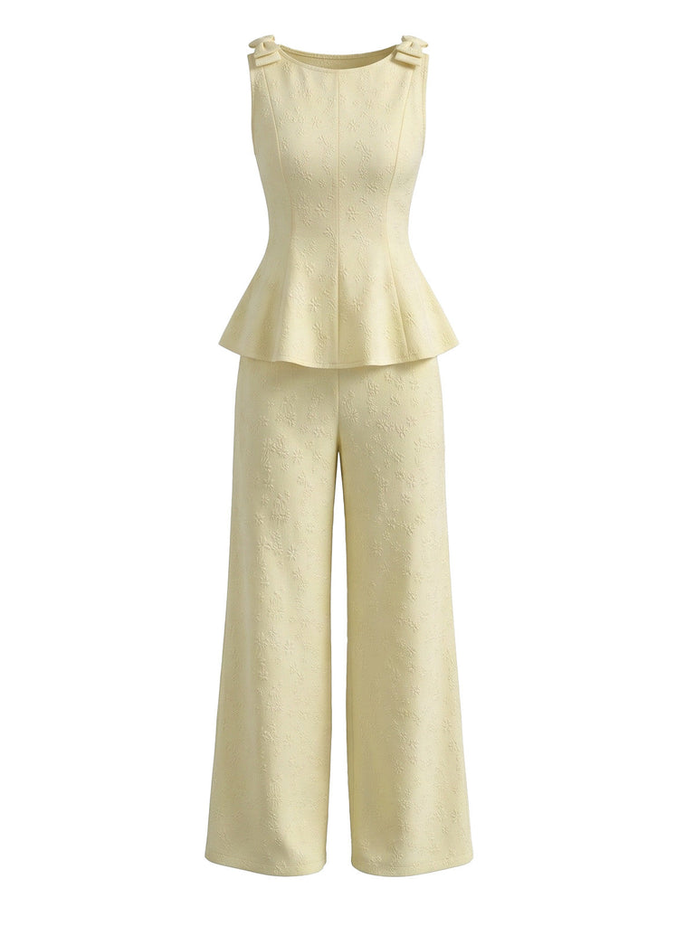 Ensemble Jaune Clair Volant Nœud Sans Manches Années 1950 2