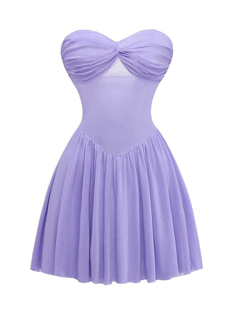 Robe Mini Babydoll Bustier en Tulle avec Foulard Lavande Années 70