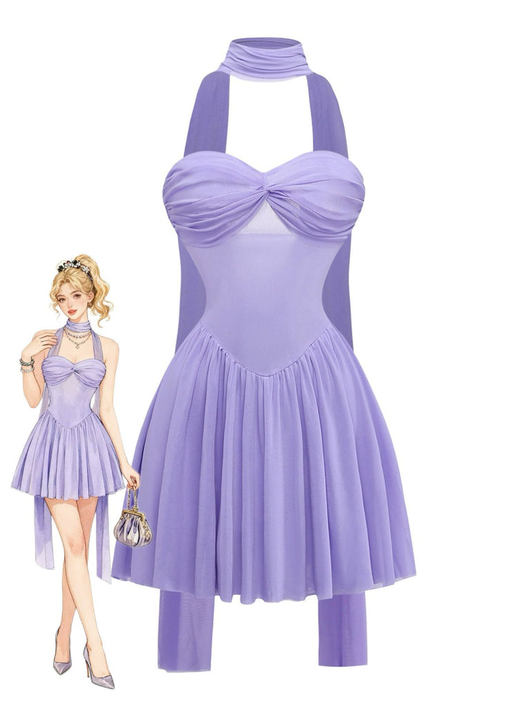 Robe Mini Babydoll Bustier en Tulle avec Foulard Lavande Années 70