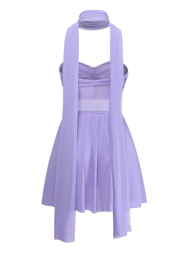 Robe Mini Babydoll Bustier en Tulle avec Foulard Lavande Années 70