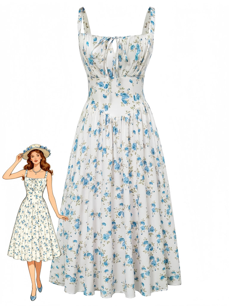 Robe Nouage Avant Col Carré Petites Fleurs Bleue Années 40