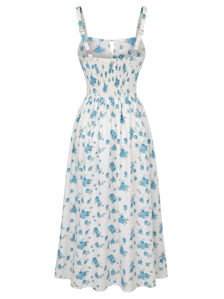 Robe Nouage Avant Col Carré Petites Fleurs Bleue Années 40