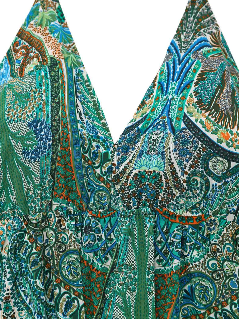 Robe Longue Paisley Halter Col V Profond Dos Nu Verte Années 1970 4