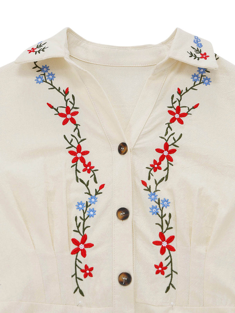 Robe Florale Manches Courtes Brodée Beige Années 1940 5